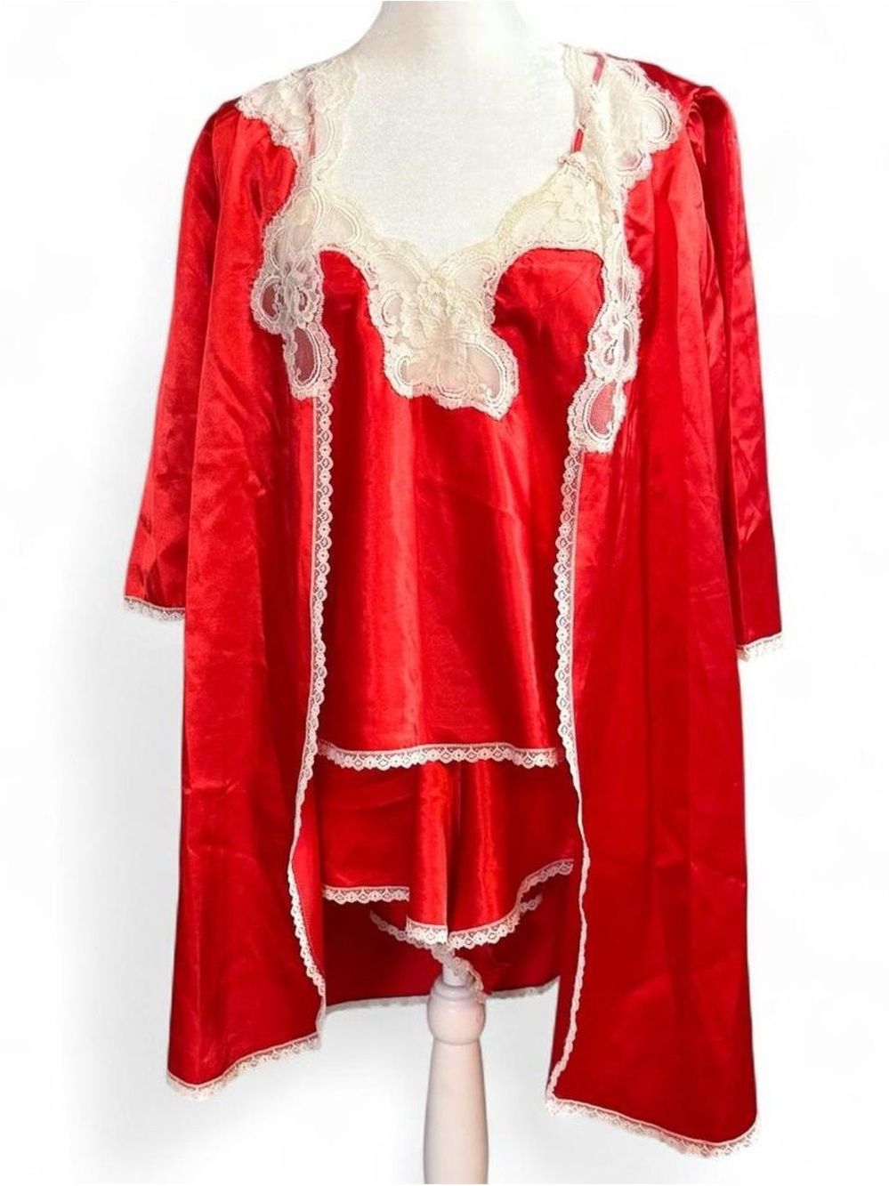 Vintage Body Chic Red Satin Lace Pajama Set 3 Piece Medium USA Made